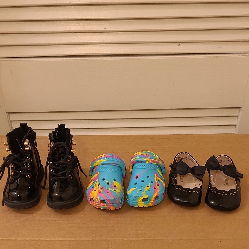 3 Shoes -Black Kids Boots, Multi Color Crocs & Black Gymboree kids Shoes.